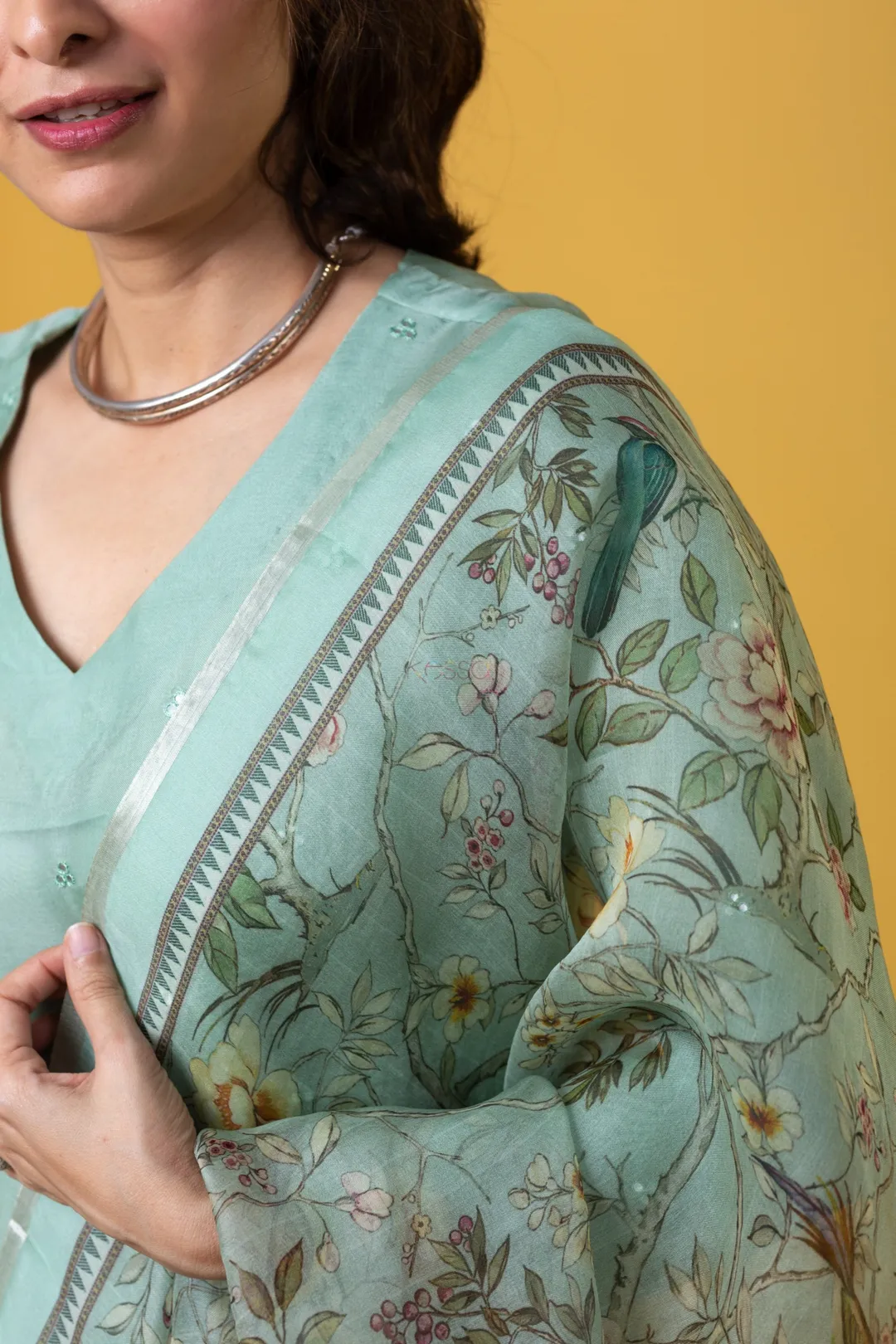 Pista Green Chanderi Kurta Set with Organza Dupatta