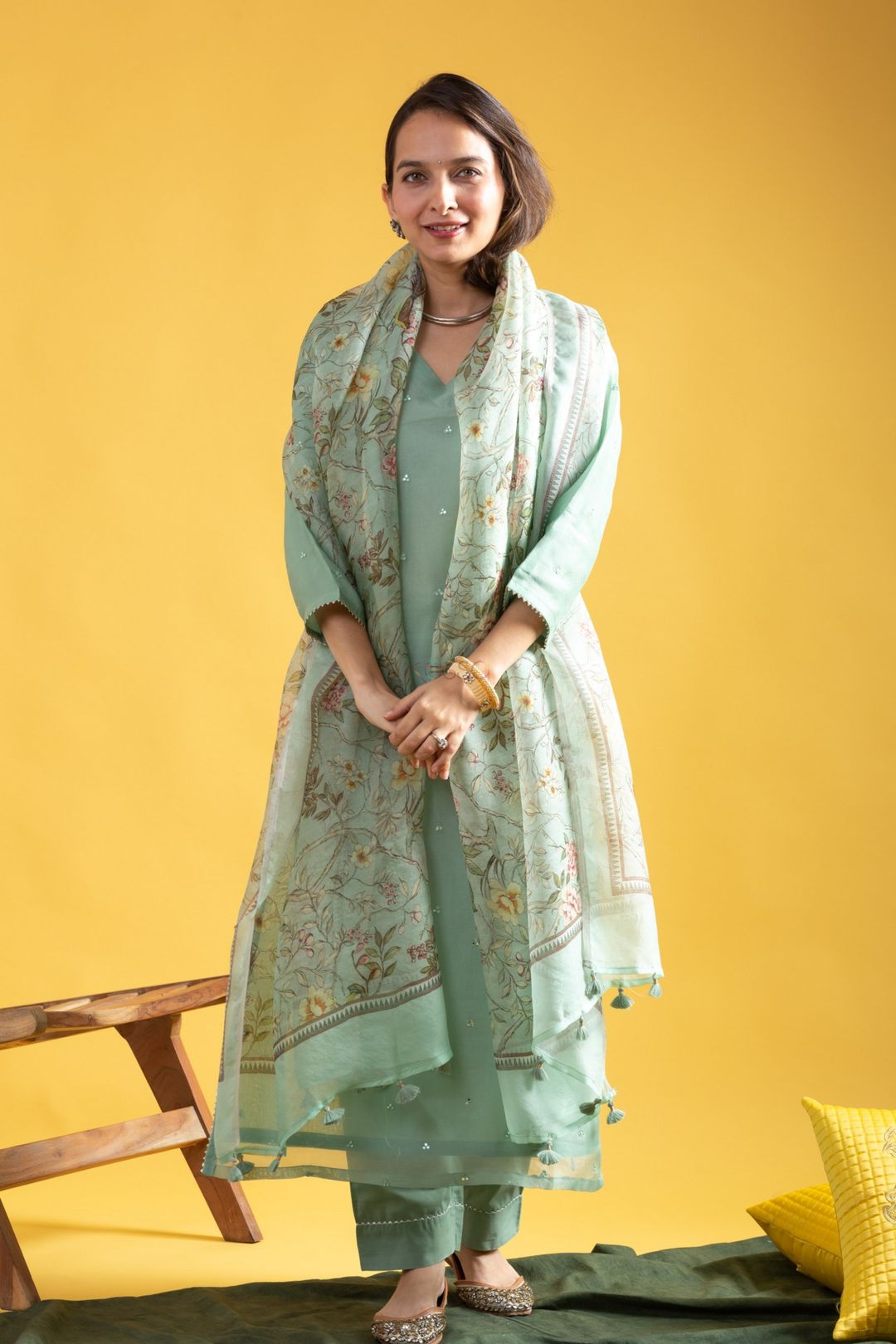 Pista Green Chanderi Kurta Set with Organza Dupatta