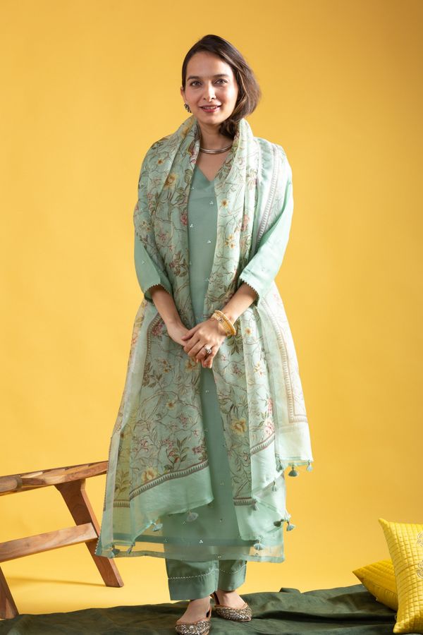 Pista Green Chanderi Kurta Set with Organza Dupatta