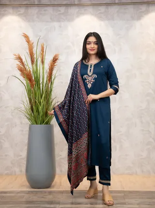 Navy Blue Chanderi Silk Kurta Set with Printed Dupatta