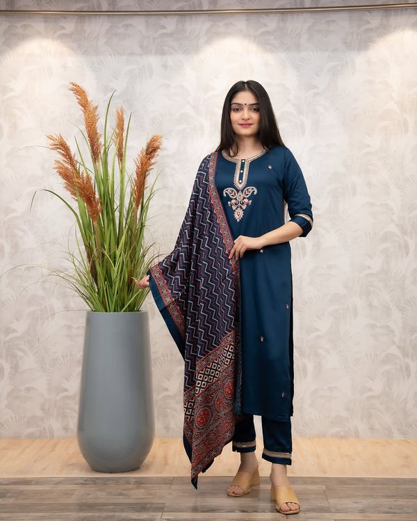 Navy Blue Chanderi Silk Kurta Set with Printed Dupatta