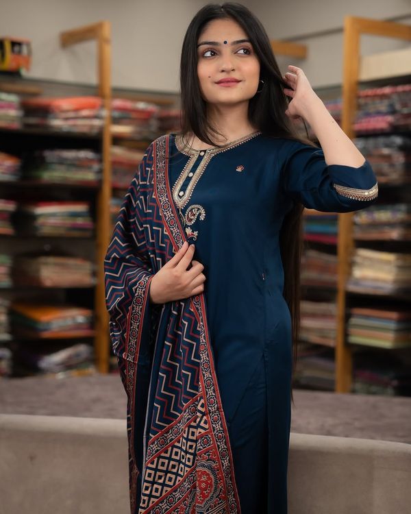 Navy Blue Chanderi Silk Kurta Set with Printed Dupatta