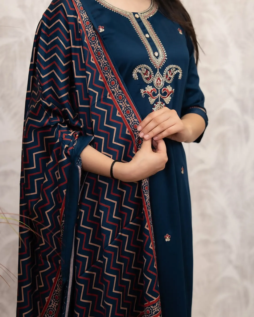 Navy Blue Chanderi Silk Kurta Set with Printed Dupatta