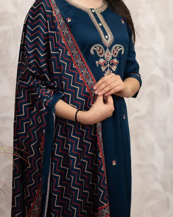 Navy Blue Chanderi Silk Kurta Set with Printed Dupatta