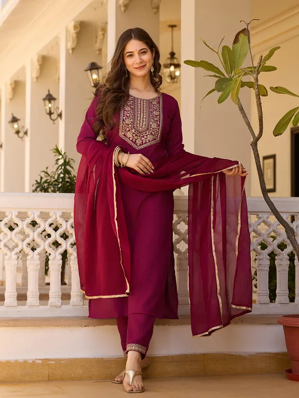 Maroon Embroidered Rayon Kurta Set with Chinon Dupatta
