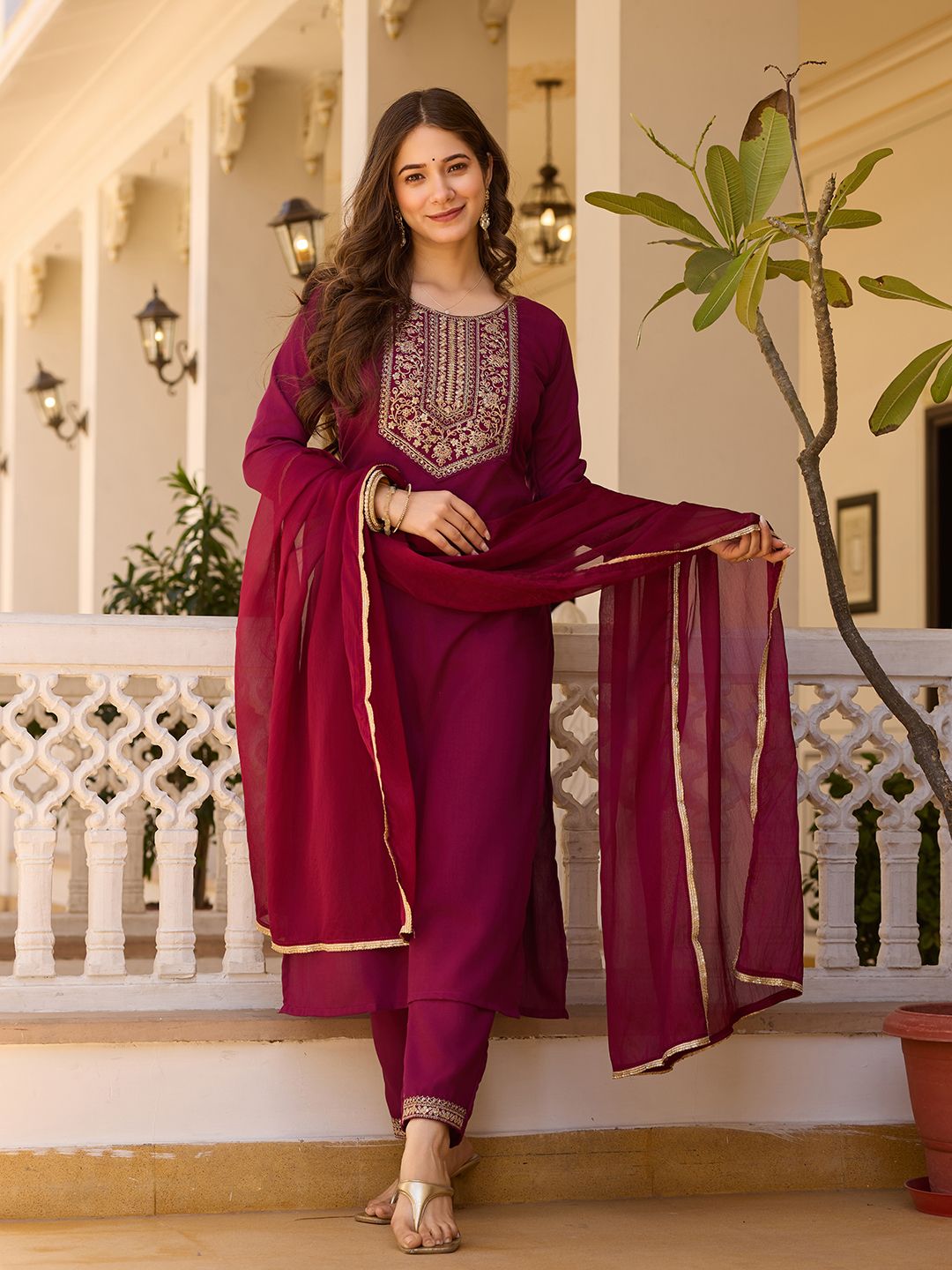 Maroon Embroidered Rayon Kurta Set with Chinon Dupatta