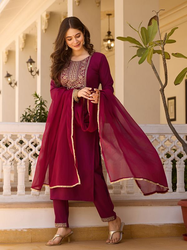 Maroon Embroidered Rayon Kurta Set with Chinon Dupatta