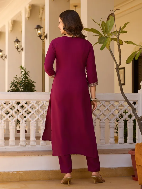Maroon Embroidered Rayon Kurta Set with Chinon Dupatta