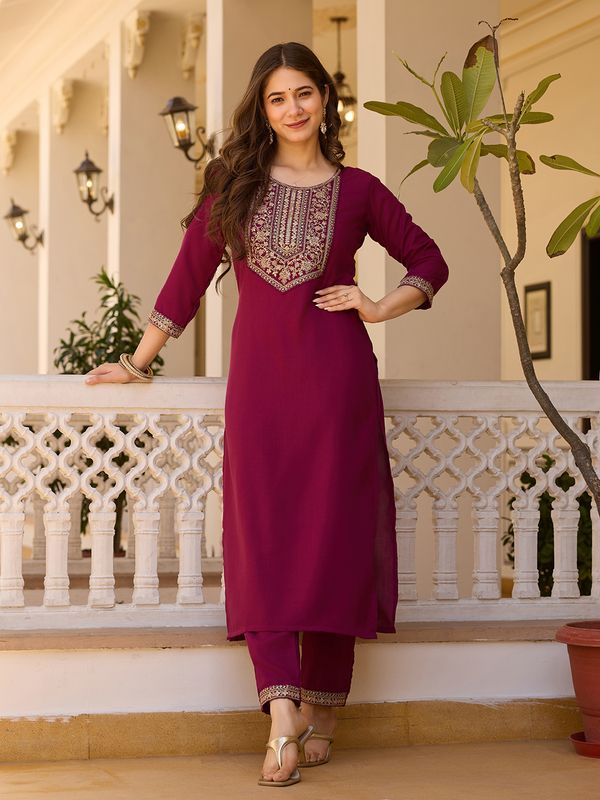 Maroon Embroidered Rayon Kurta Set with Chinon Dupatta
