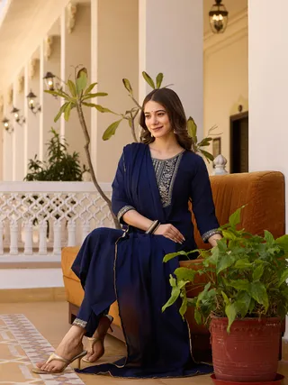 Navy Blue Embroidered Rayon Kurta Set with Chinon Dupatta