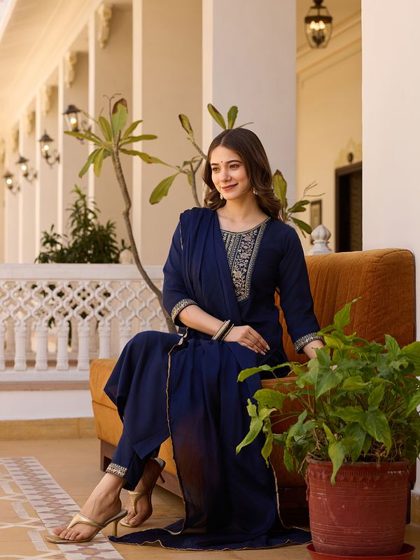 Navy Blue Embroidered Rayon Kurta Set with Chinon Dupatta