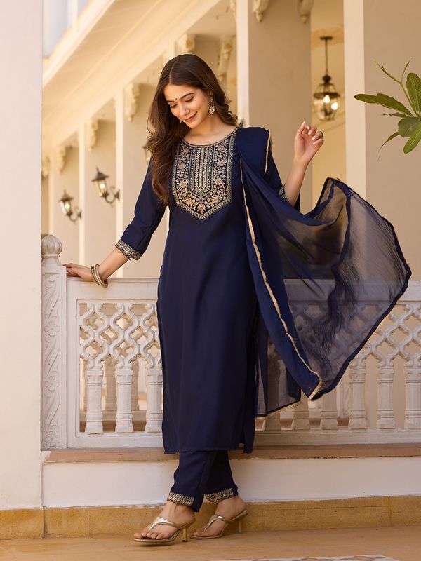 Navy Blue Embroidered Rayon Kurta Set with Chinon Dupatta