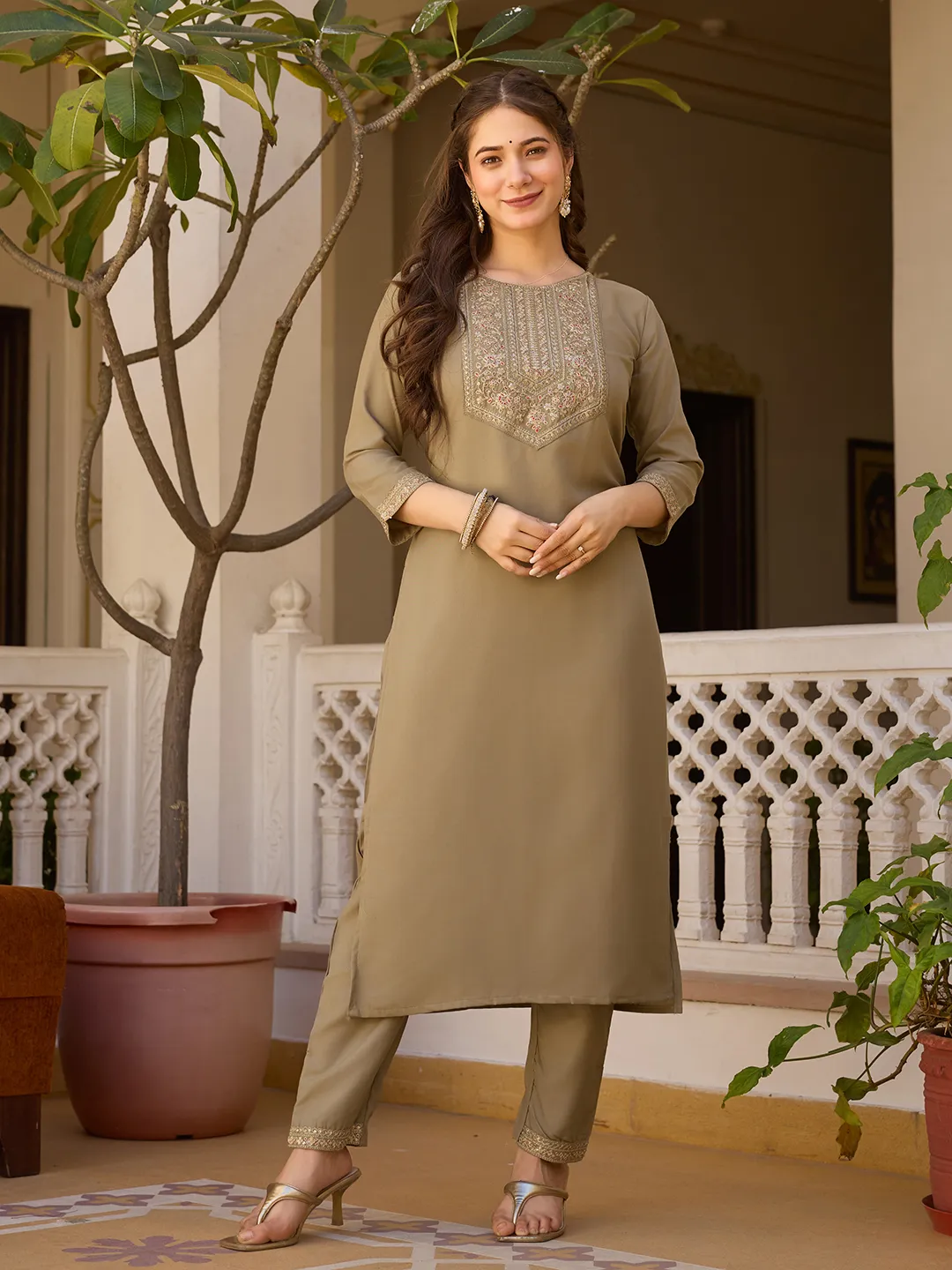 Beige Embroidered Rayon Kurta Set with Chinon Dupatta