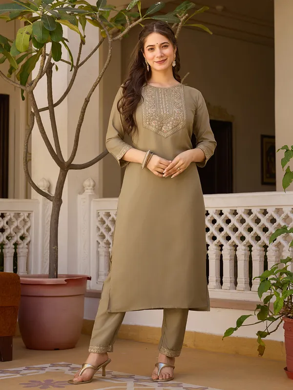 Beige Embroidered Rayon Kurta Set with Chinon Dupatta
