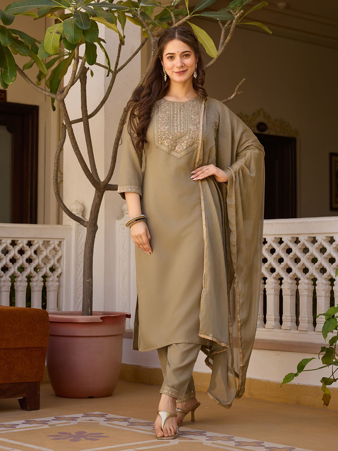 Beige Embroidered Rayon Kurta Set with Chinon Dupatta