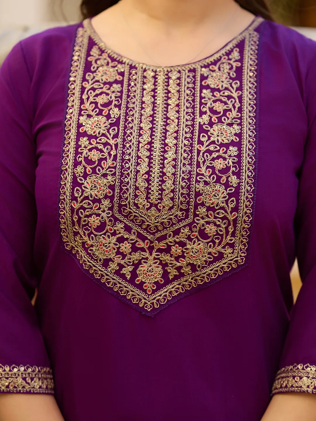 Wine Embroidered Rayon Kurta Set with Chinon Dupatta