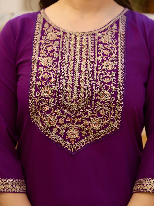 Wine Embroidered Rayon Kurta Set with Chinon Dupatta