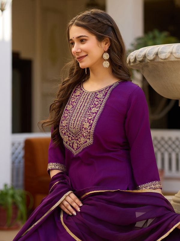 Wine Embroidered Rayon Kurta Set with Chinon Dupatta