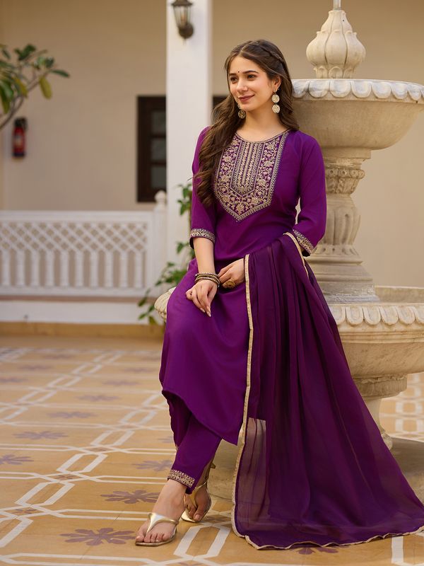 Wine Embroidered Rayon Kurta Set with Chinon Dupatta