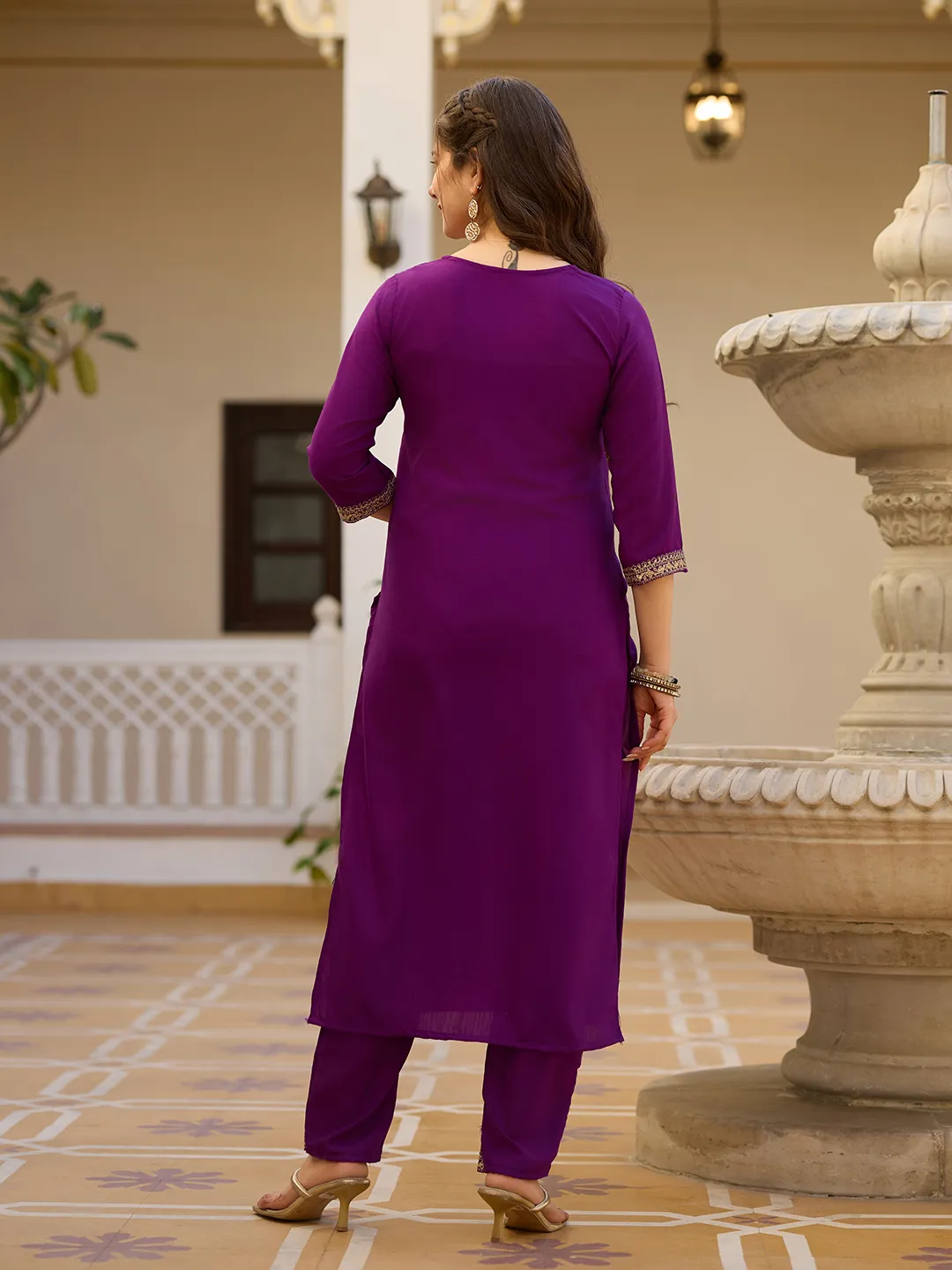 Wine Embroidered Rayon Kurta Set with Chinon Dupatta