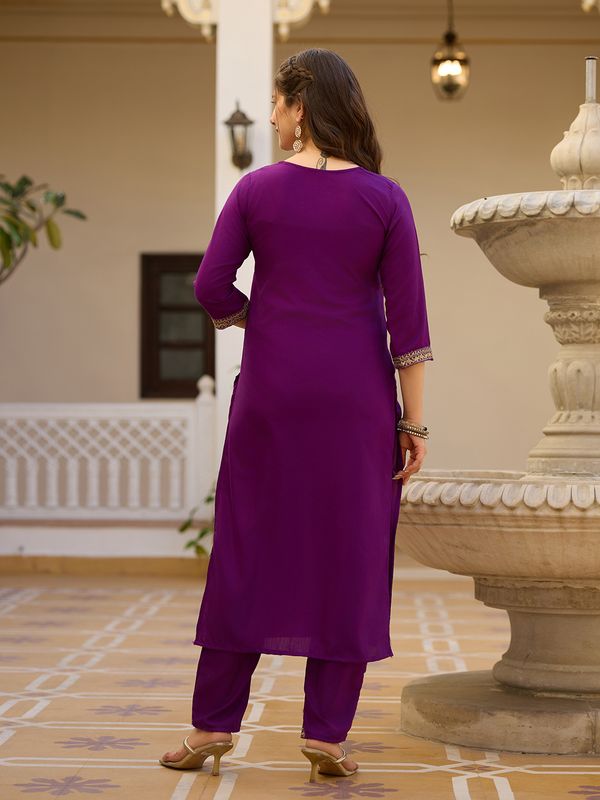 Wine Embroidered Rayon Kurta Set with Chinon Dupatta