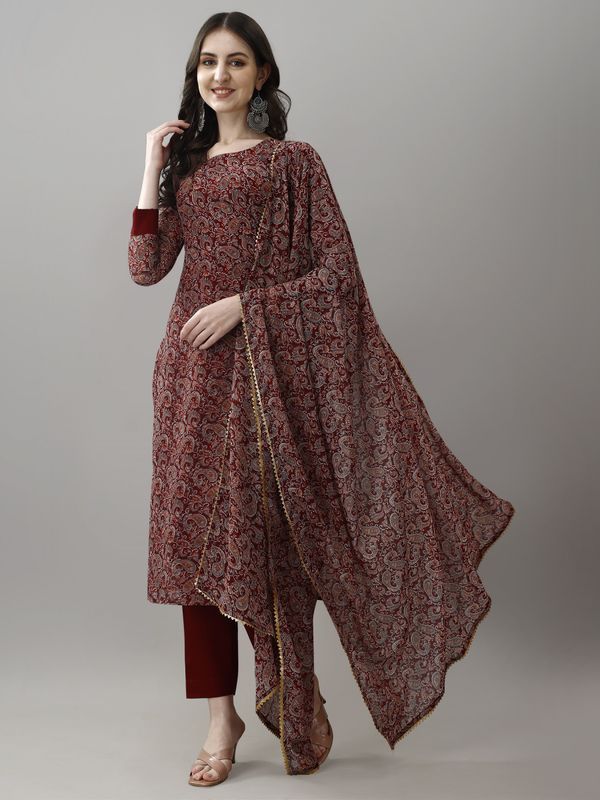 Maroon Printed Georgette Kurta Set with Dupatta Women