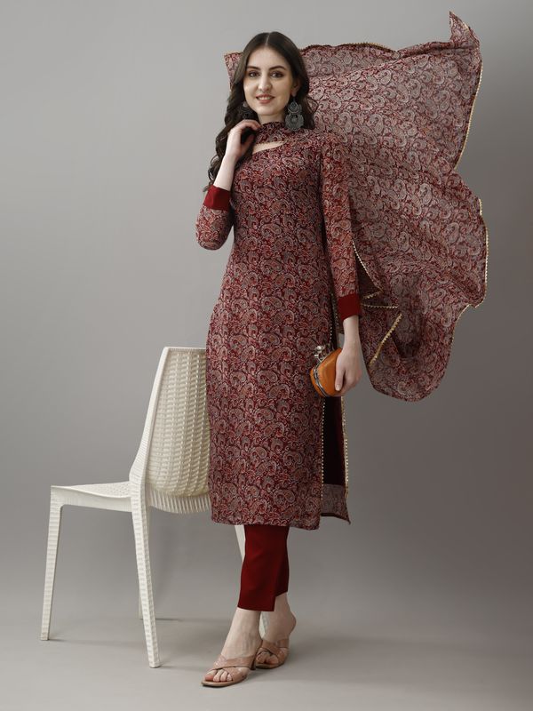 Maroon Printed Georgette Kurta Set with Dupatta Women