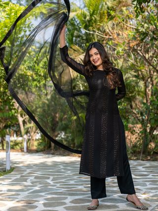 Black Embroidered Georgette Kurta Set with Dupatta