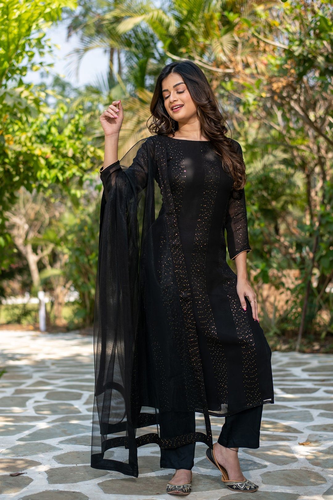 Black Embroidered Georgette Kurta Set with Dupatta