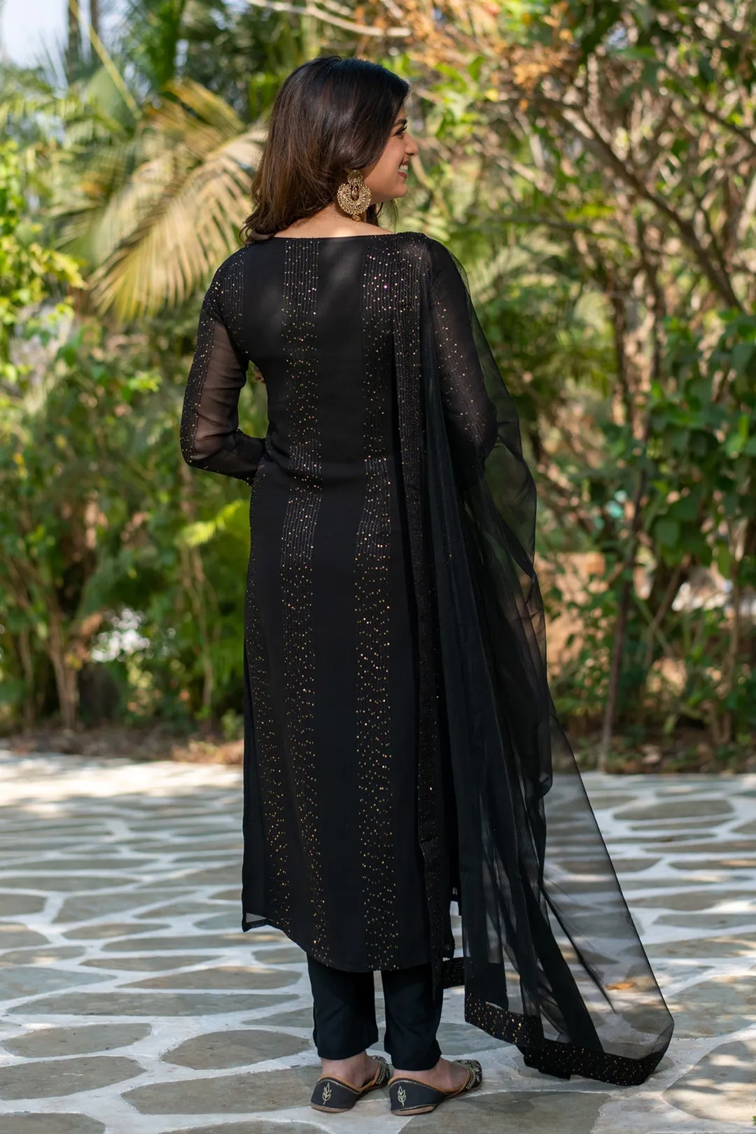 Black Embroidered Georgette Kurta Set with Dupatta