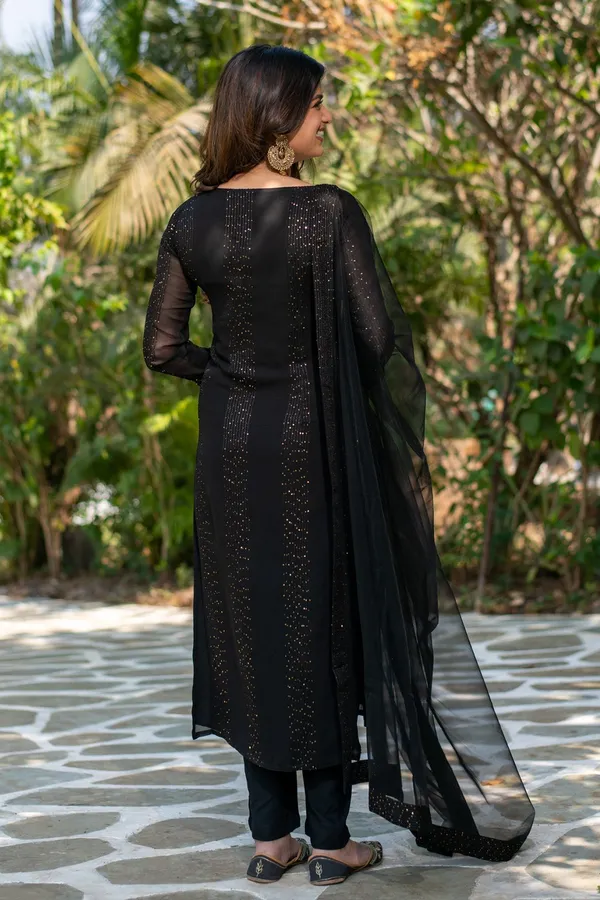 Black Embroidered Georgette Kurta Set with Dupatta