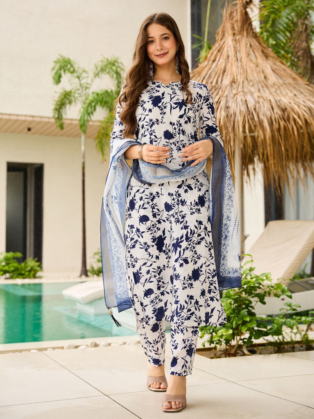 Stylish Navy Floral Silk Kurta Pant Dupatta Set