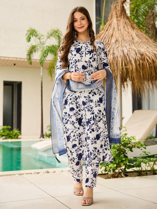 Stylish Navy Floral Silk Kurta Pant Dupatta Set