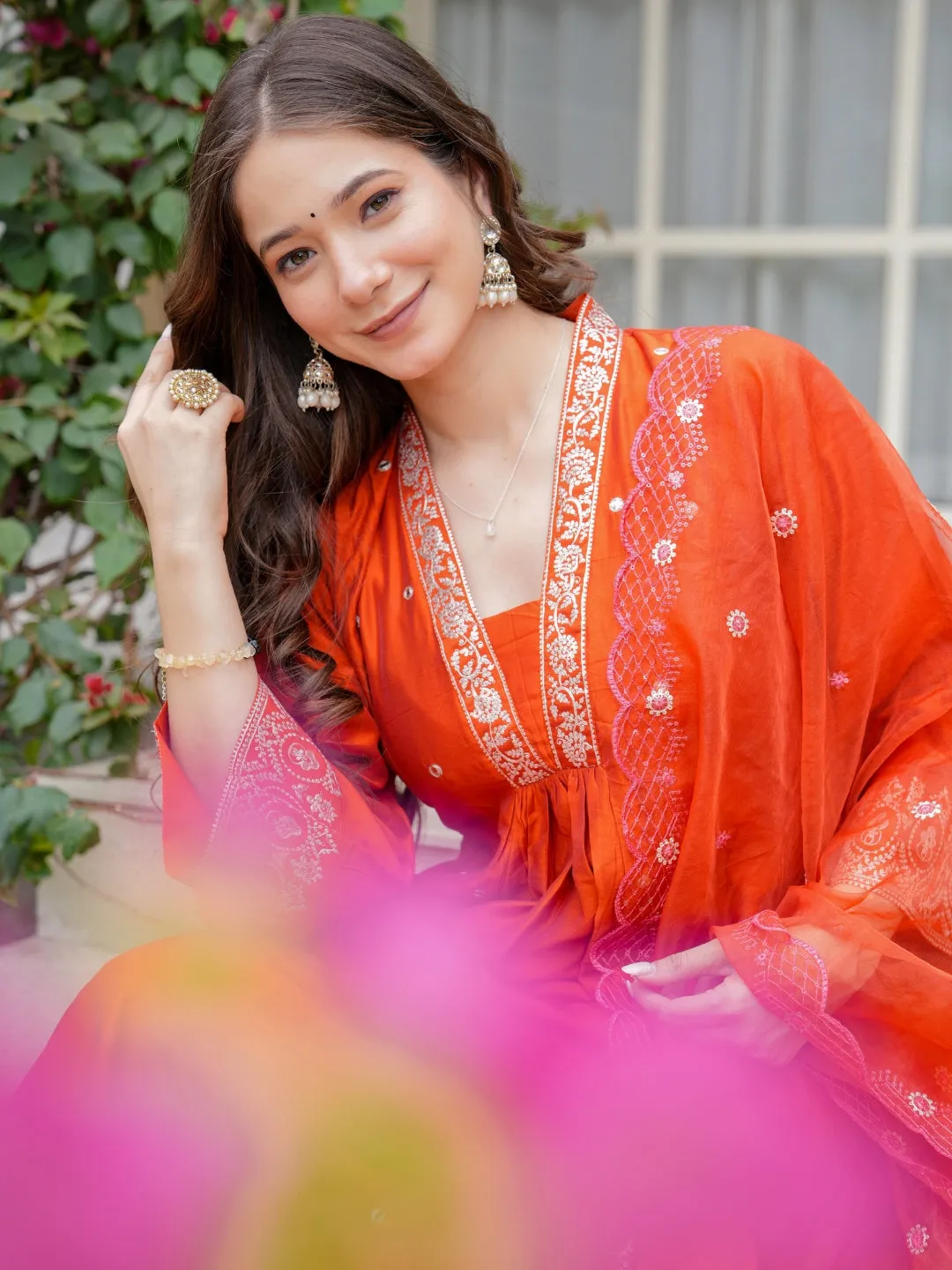 Graceful Orange Chanderi Kurta Pant Dupatta Set Women
