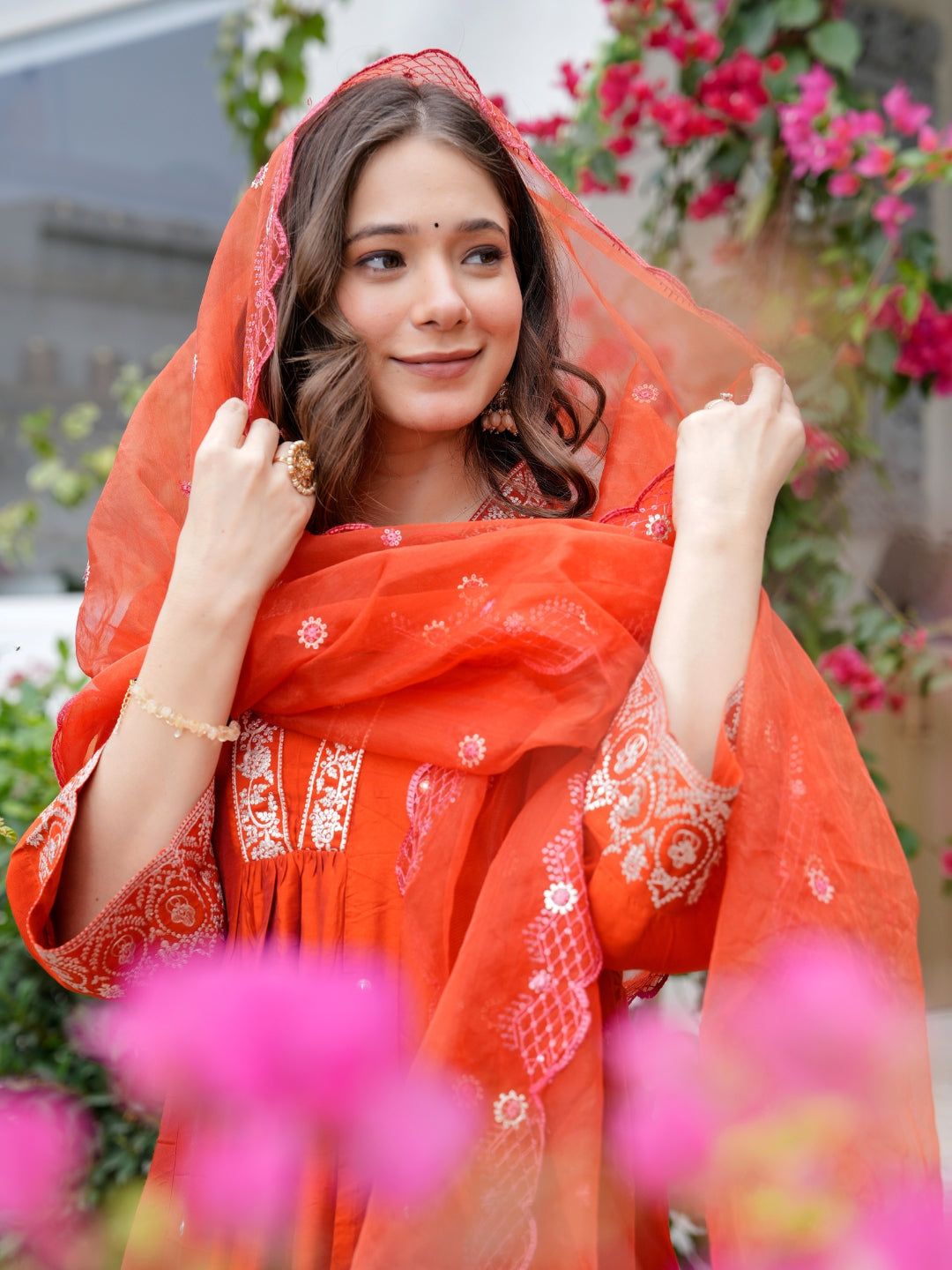 Graceful Orange Chanderi Kurta Pant Dupatta Set Women