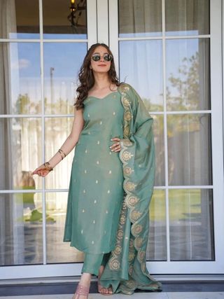 Sea Green Zari Chanderi Kurta Pant Dupatta Set Women