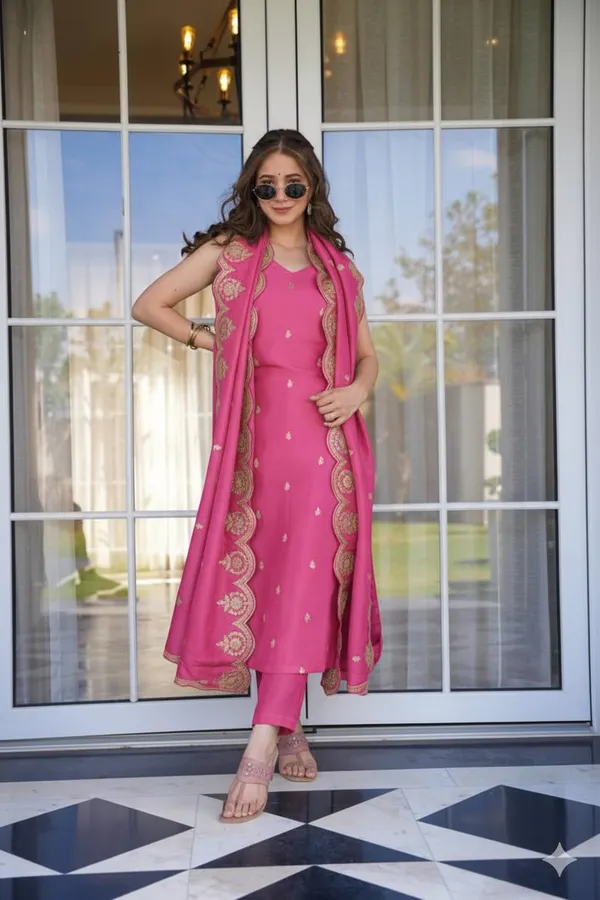 Rose Pink Zari Chanderi Kurta Pant Dupatta Set Women