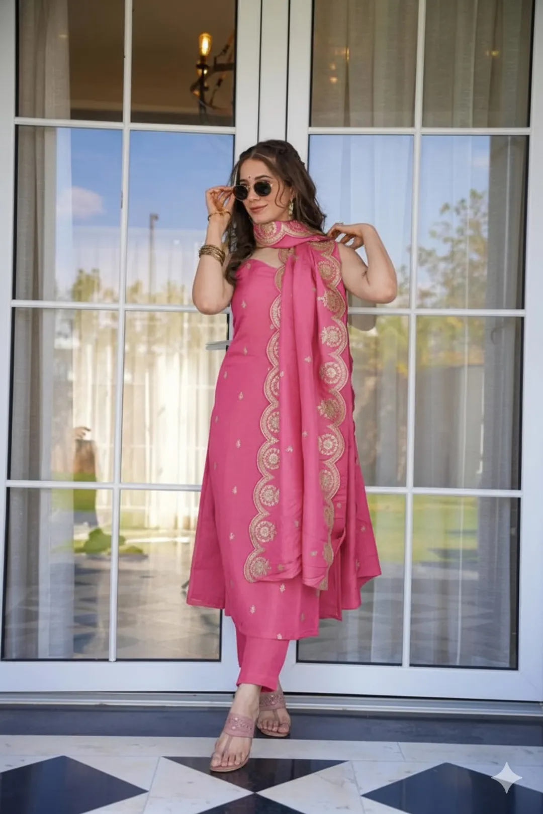 Rose Pink Zari Chanderi Kurta Pant Dupatta Set Women