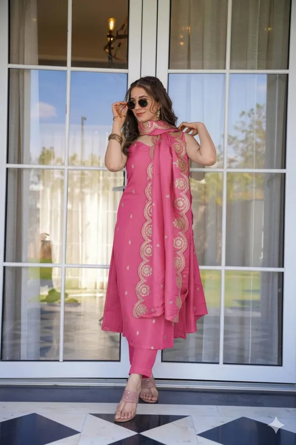 Rose Pink Zari Chanderi Kurta Pant Dupatta Set Women