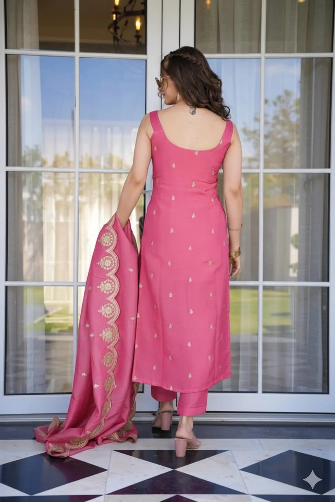 Rose Pink Zari Chanderi Kurta Pant Dupatta Set Women