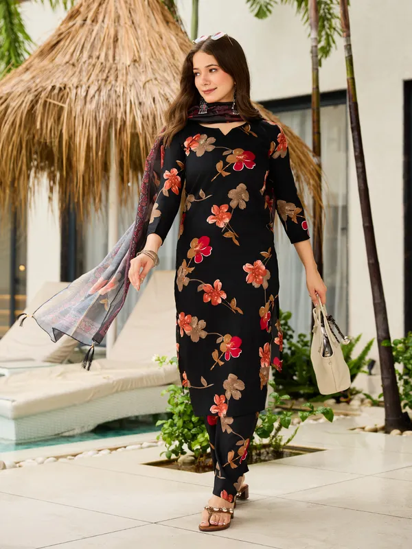 Black Floral Silk Blend Kurta Pant Dupatta Set Women