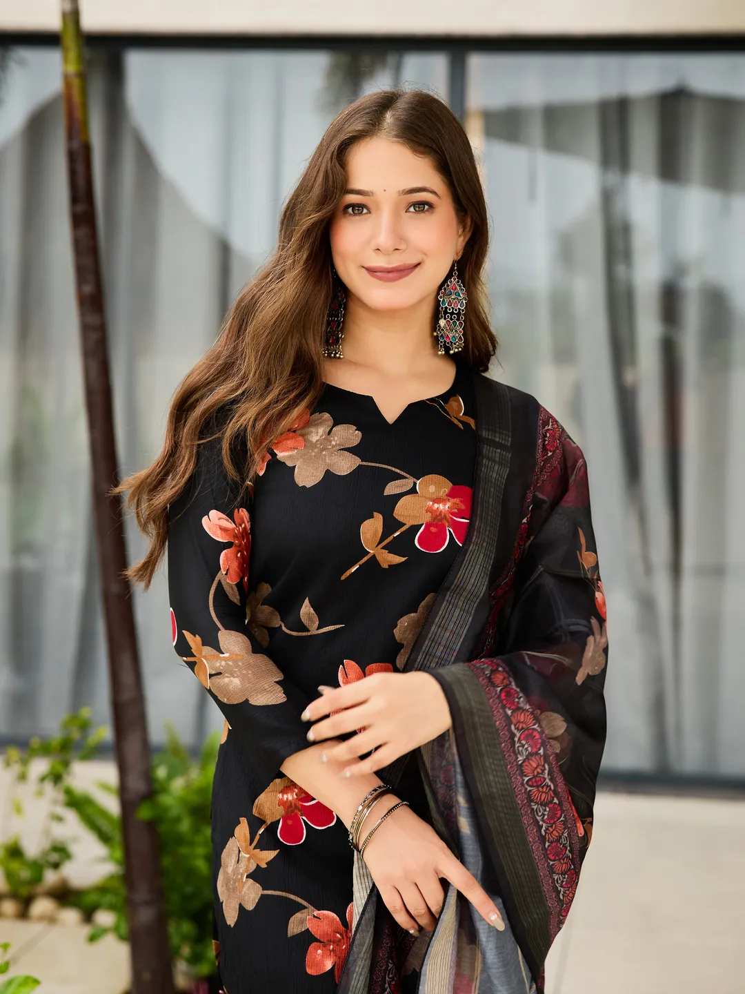 Black Floral Silk Blend Kurta Pant Dupatta Set Women