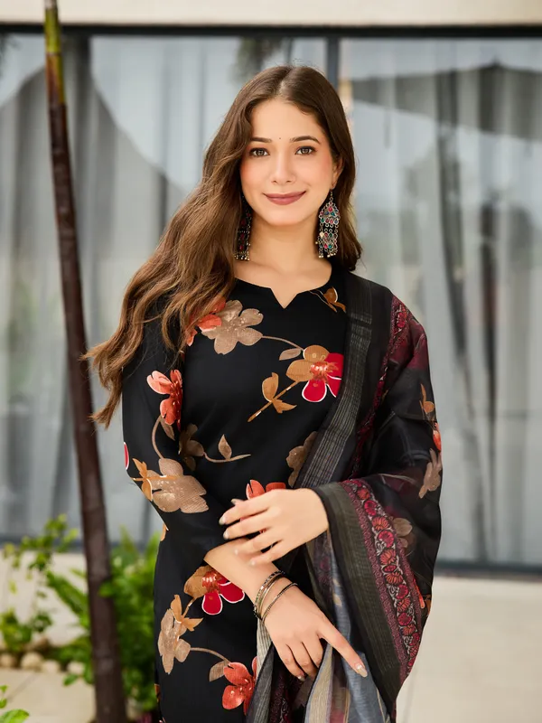 Black Floral Silk Blend Kurta Pant Dupatta Set Women