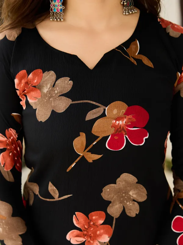 Black Floral Silk Blend Kurta Pant Dupatta Set Women