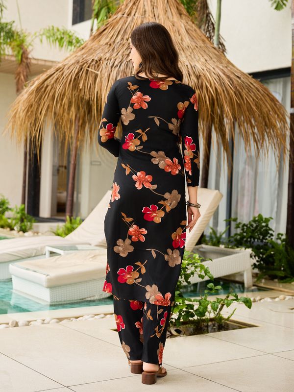 Black Floral Silk Blend Kurta Pant Dupatta Set Women