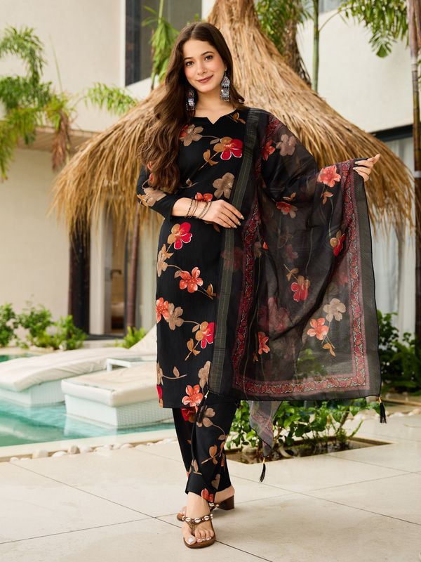 Black Floral Silk Blend Kurta Pant Dupatta Set Women