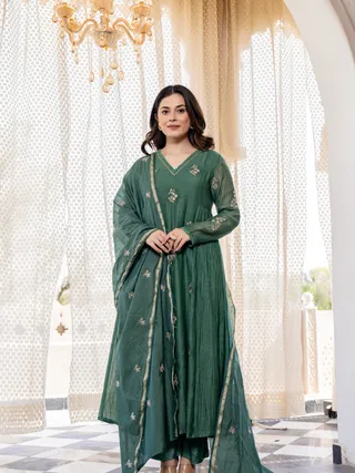 Green Chanderi Silk Kurta Pant Dupatta Set for Women