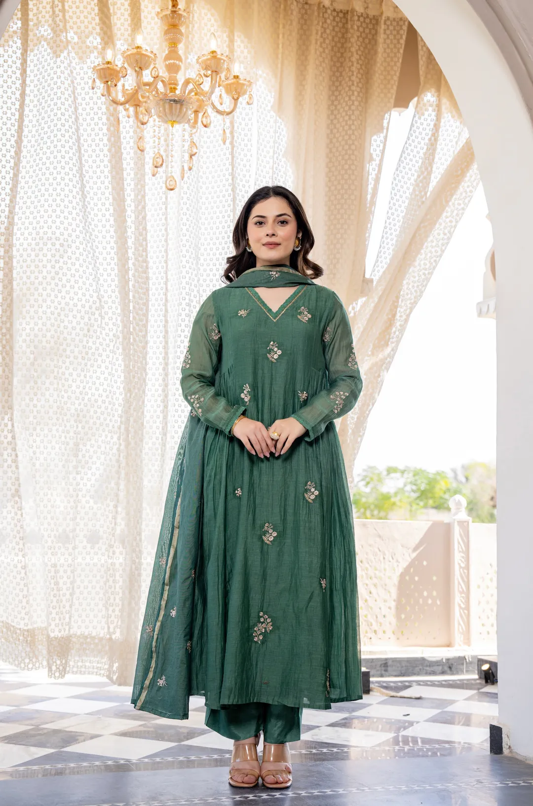 Green Chanderi Silk Kurta Pant Dupatta Set for Women