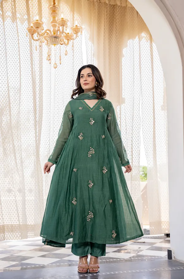 Green Chanderi Silk Kurta Pant Dupatta Set for Women