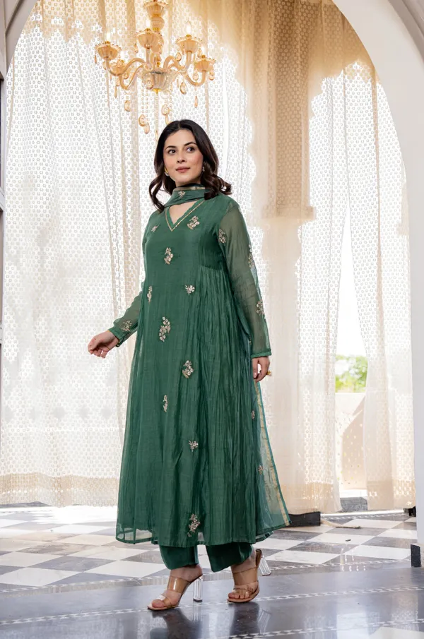 Green Chanderi Silk Kurta Pant Dupatta Set for Women